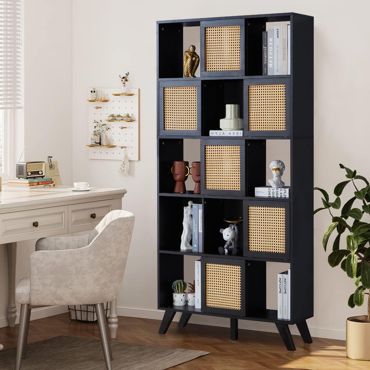 AVZEAR Kitchen Pantry Cabinet, 71” Farmhouse Solid Wood Storage Cabinet with Rattan Doors, Freestanding Storage Shelving Unit, Buffet Cupboards Cabinet for Kitchen Living Room (Black) AVZEAR