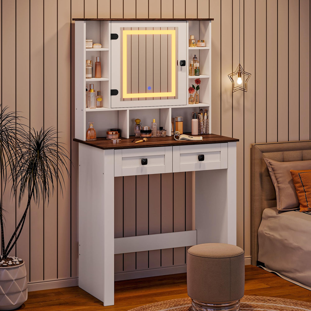 SANYOAC Farmhouse Vanity Desk with Mirror and Lights, Makeup Vanity Desk for Women Girls SANYOAC