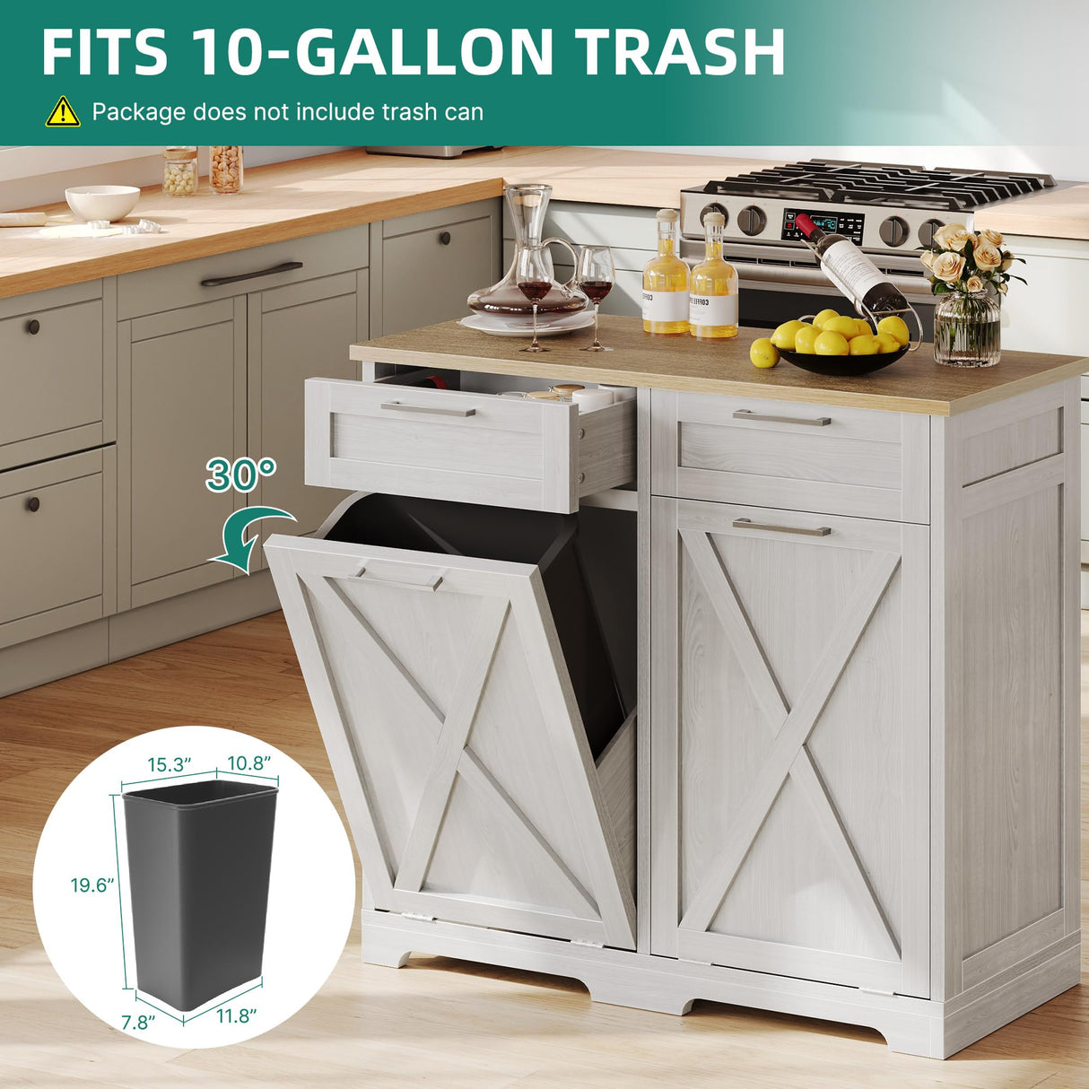 YITAHOME Double Tilt Out Trash Cabinet 20 Gallon, Wooden Free Standing Laundry Cabinet with Barn Doors, Kitchen Trash Recycling Cabinet with 2 Drawer, Tilt-Out Hamper for Kitchen, Off White YITAHOME
