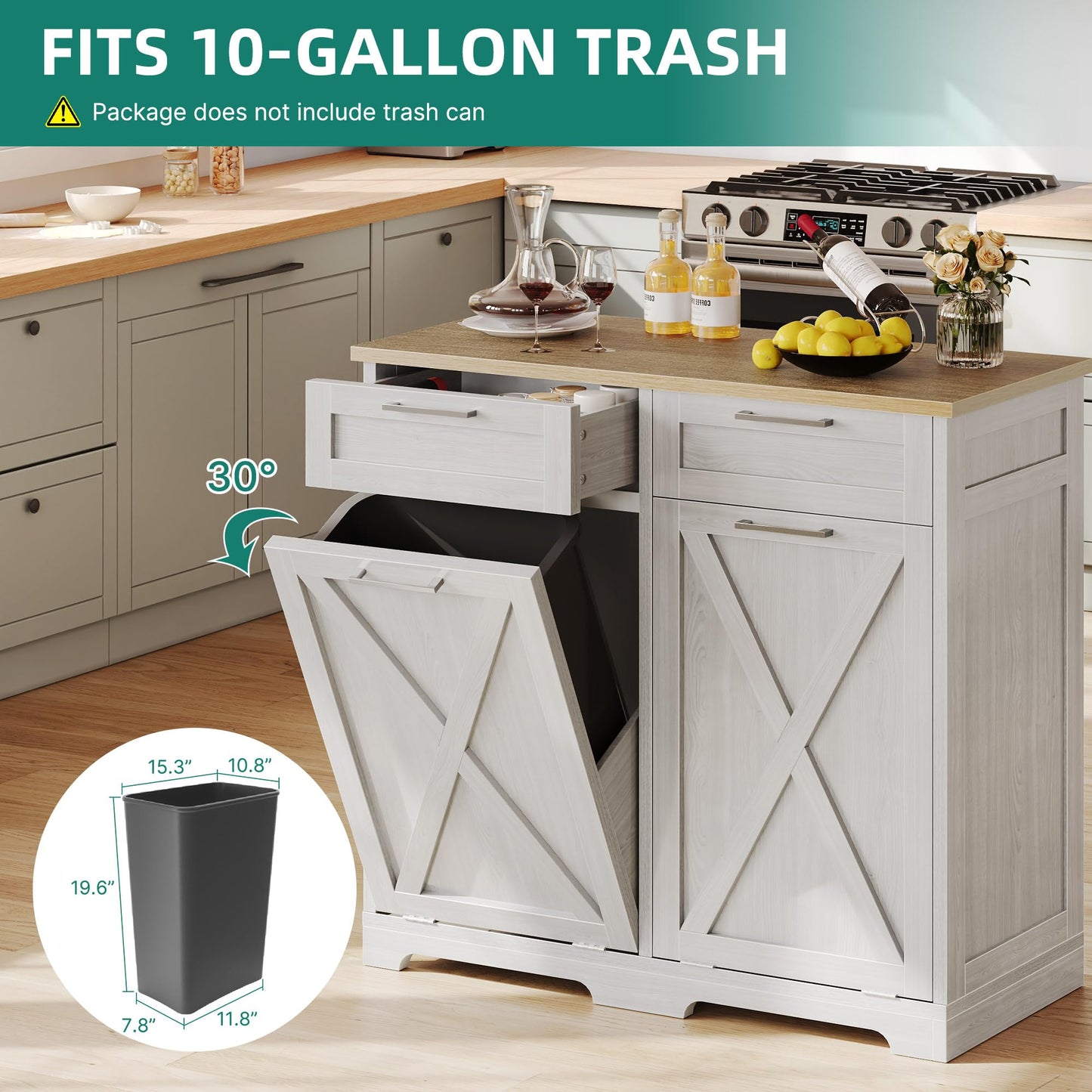 YITAHOME Double Tilt Out Trash Cabinet 20 Gallon, Wooden Free Standing Laundry Cabinet with Barn Doors, Kitchen Trash Recycling Cabinet with 2 Drawer, Tilt-Out Hamper for Kitchen, Off White