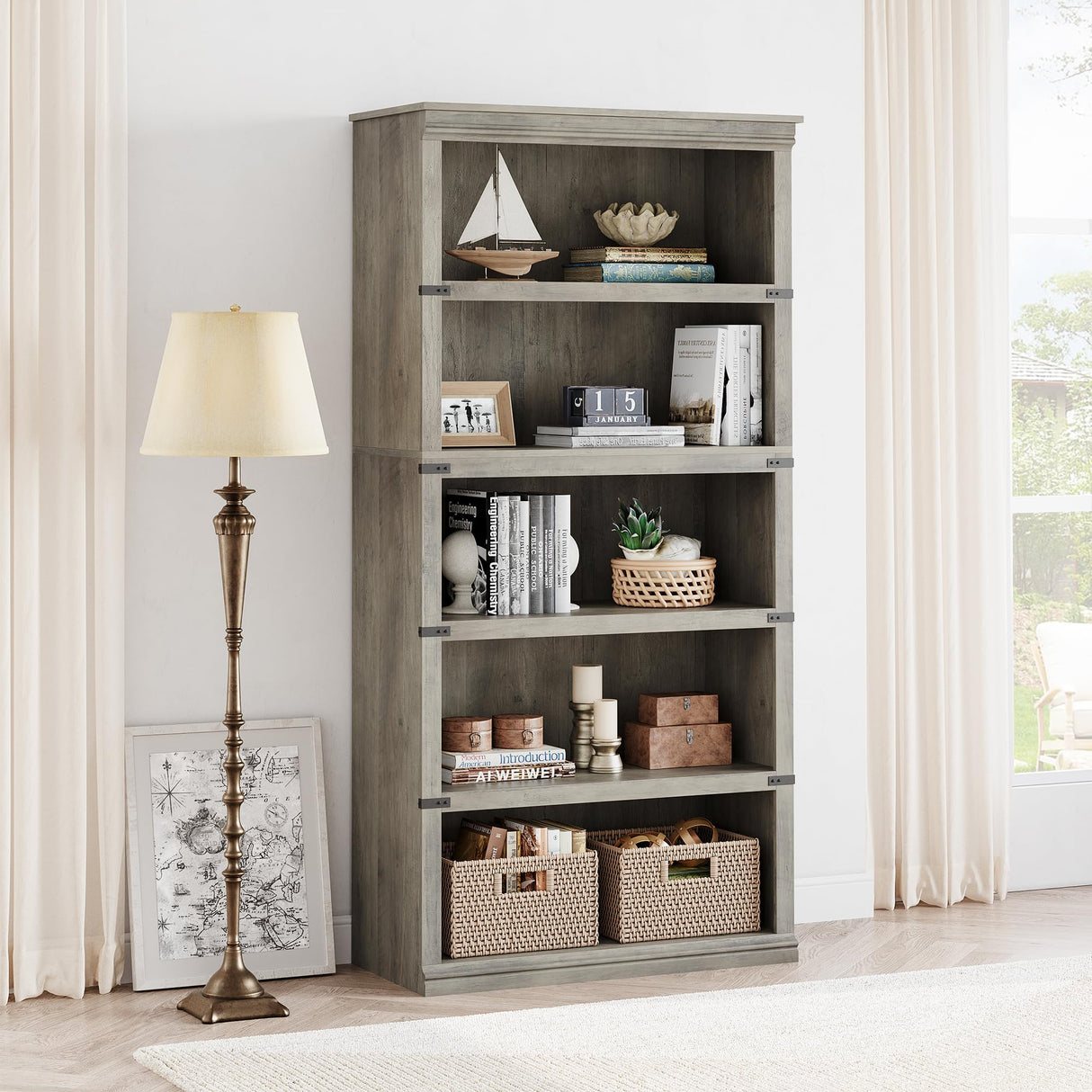 GarveeHome 5 Tier Farmhouse Bookcase, 67.4" Tall Book Shelf with Storage, Wooden Bookshelves 5 Shelf Display Shelvesfor Home Office, Living Room, Bed Room (Grey, 67.4" H x 31.5" W x 12.8" D) GarveeHome