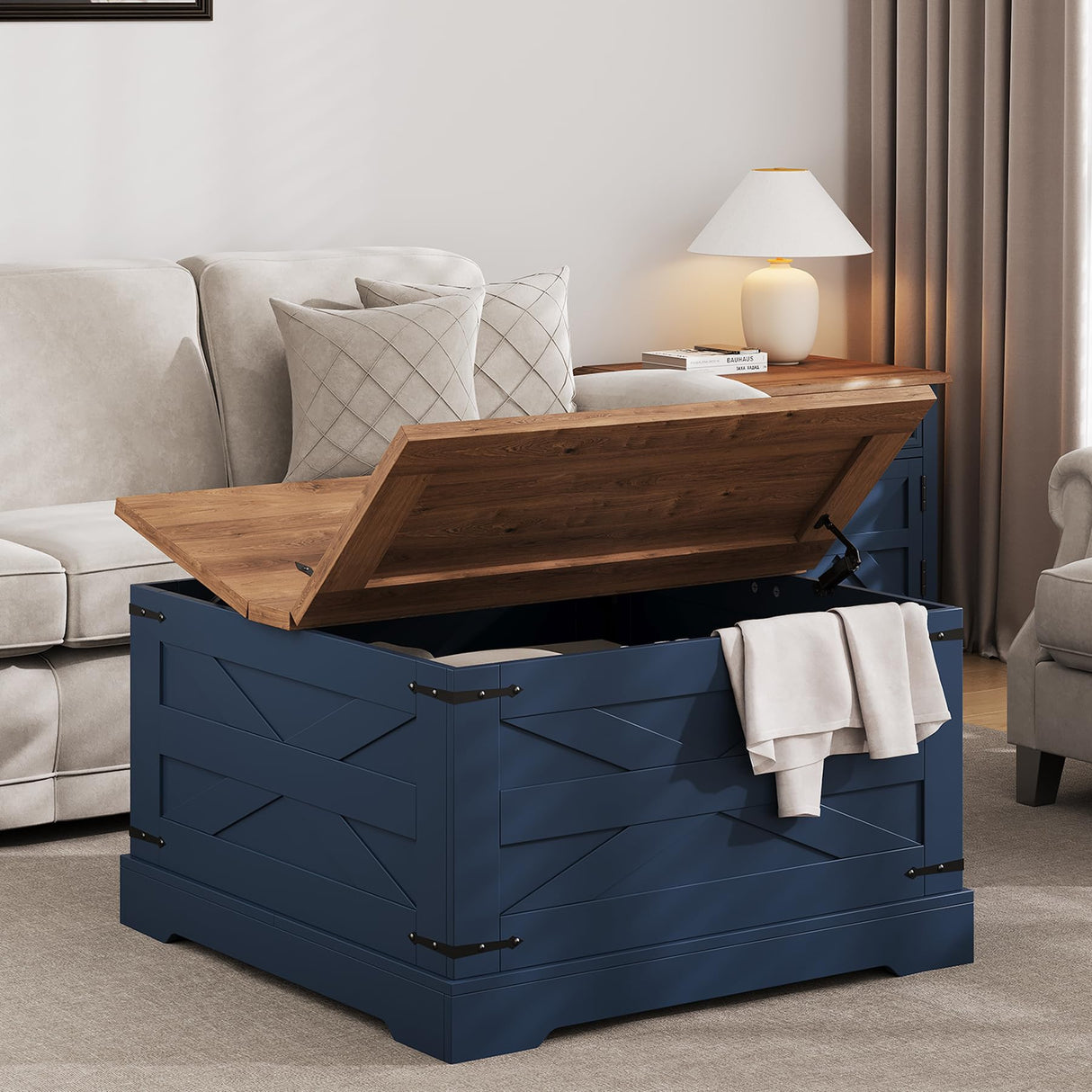 BestHaped Farmhouse Coffee Table with Hidden Storage, Navy Blue Square Coffee Table for Living Room, Wood Large Center Table with Hinged Lift Top for Home, Office BestHaped