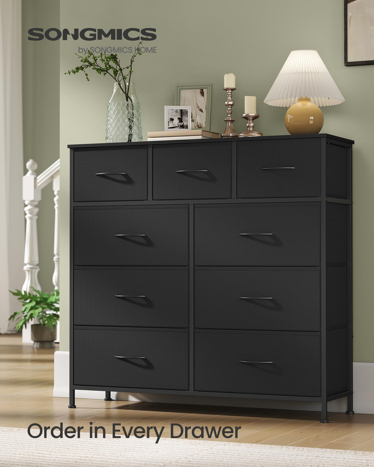 SONGMICS Dresser for Bedroom, Chest of Drawers, Steel, MDF, 9 Non-Woven Fabric Drawers, Storage Organizer Unit, Closet, Entryway, Ink Black and Ebony Black LGS324B01S SONGMICS