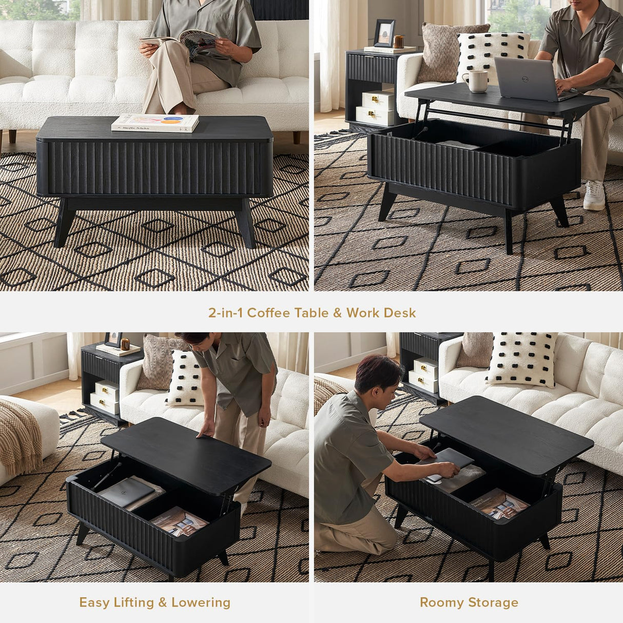 mopio Brooklyn Coffee Table, Lift Top Coffee Tables for Living Room, Mid Century, Modern Farmhouse Center Table with Lifting Top & Hidden Storage, Fluted Panel, Rising Pull Up Dining Table (Black Oak) mopio