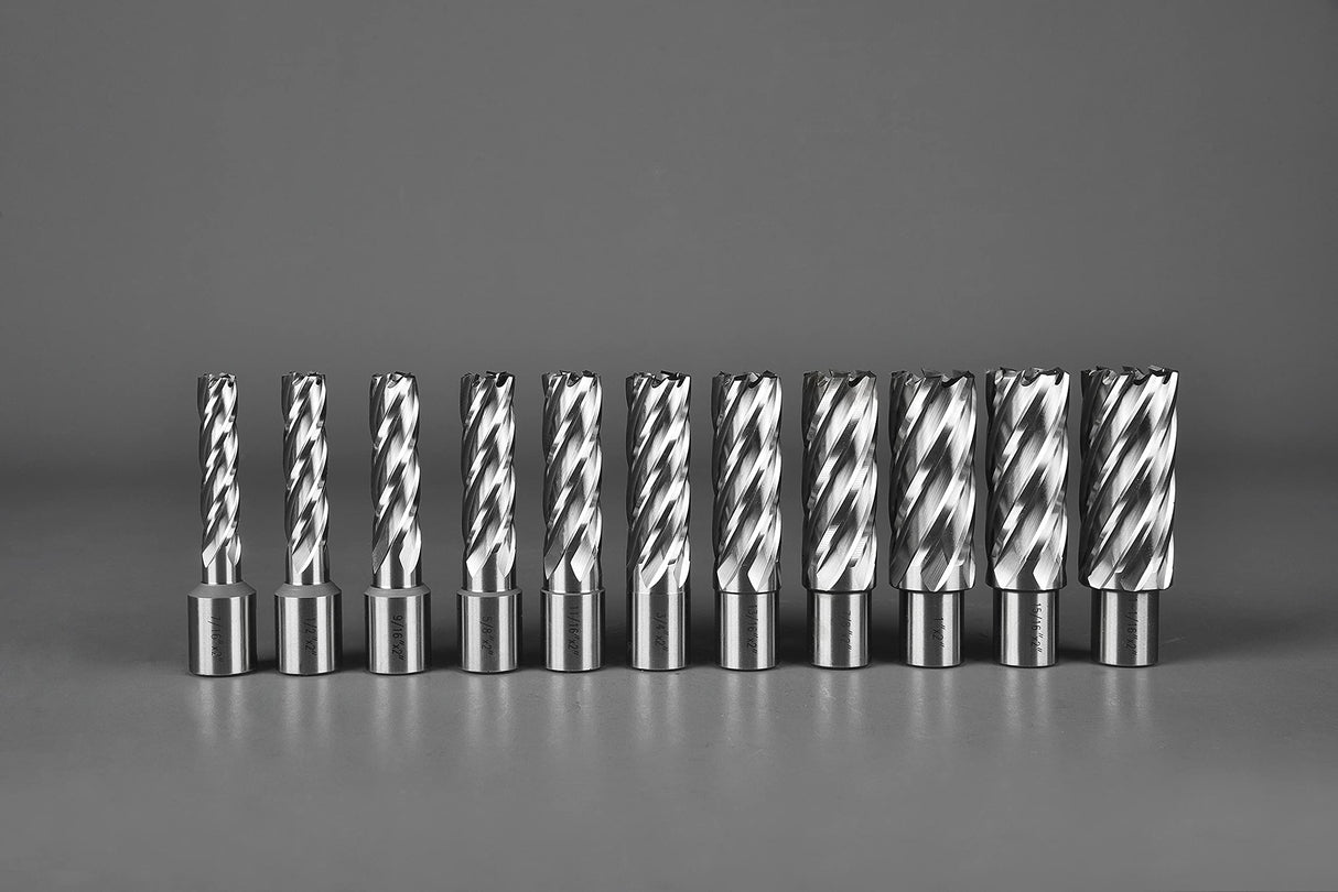 Annular Cutter Set 13 pcs JESTUOUS 3/4 Inch Weldon Shank 2 Cutting Depth and Cutting Diameter from 7/16 to 1-1/16 for Drill Press HSS Standard Kit Two Flat with 2 Pilot Pins JESTUOUS