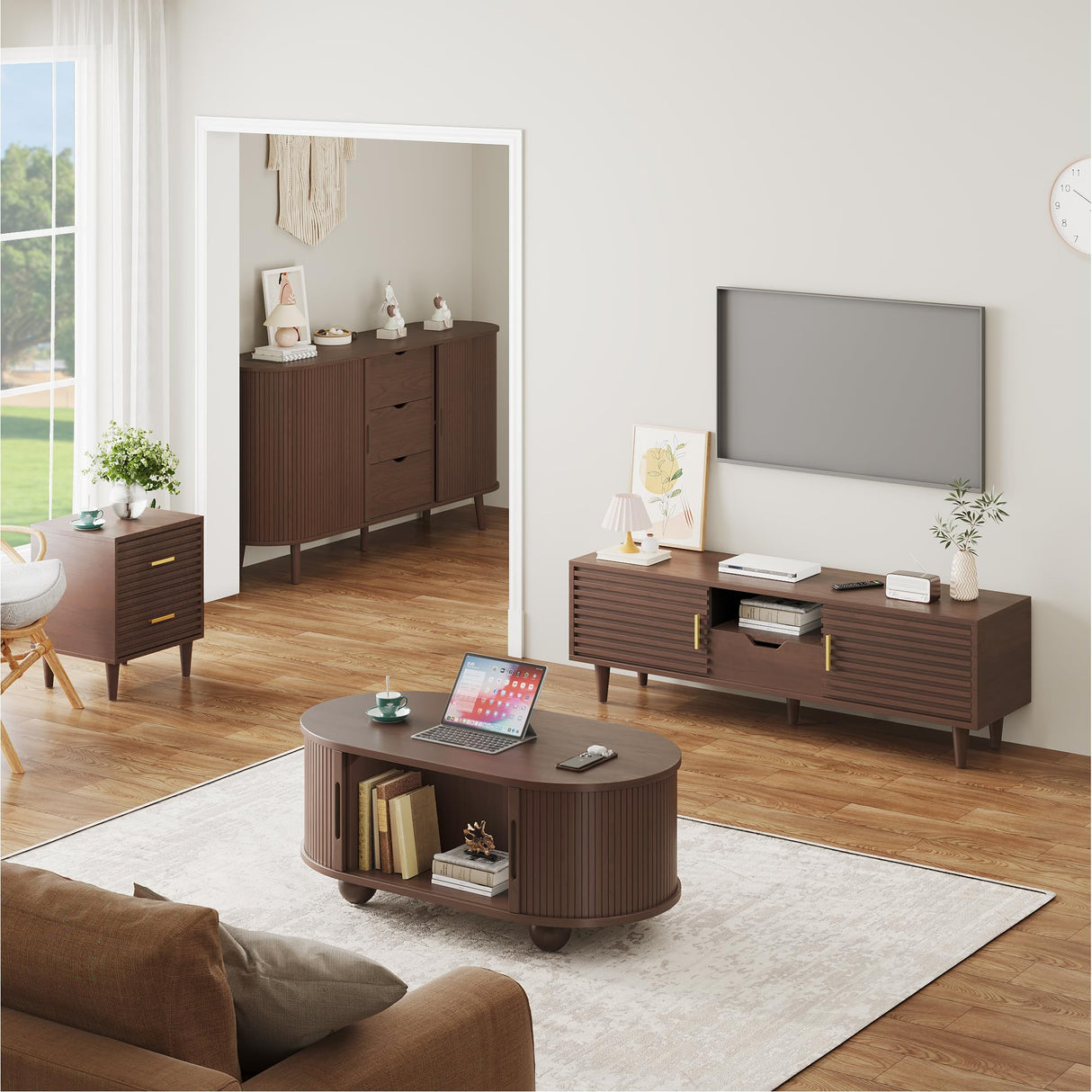 Alohappy Oval Coffee Table, Mid Century Modern Coffee Table with Sliding Tambour Doors, Fluted Center Table with Hidden Storage for Living Room, Dining Room, Apartment, Home Office, Dark Brown Alohappy