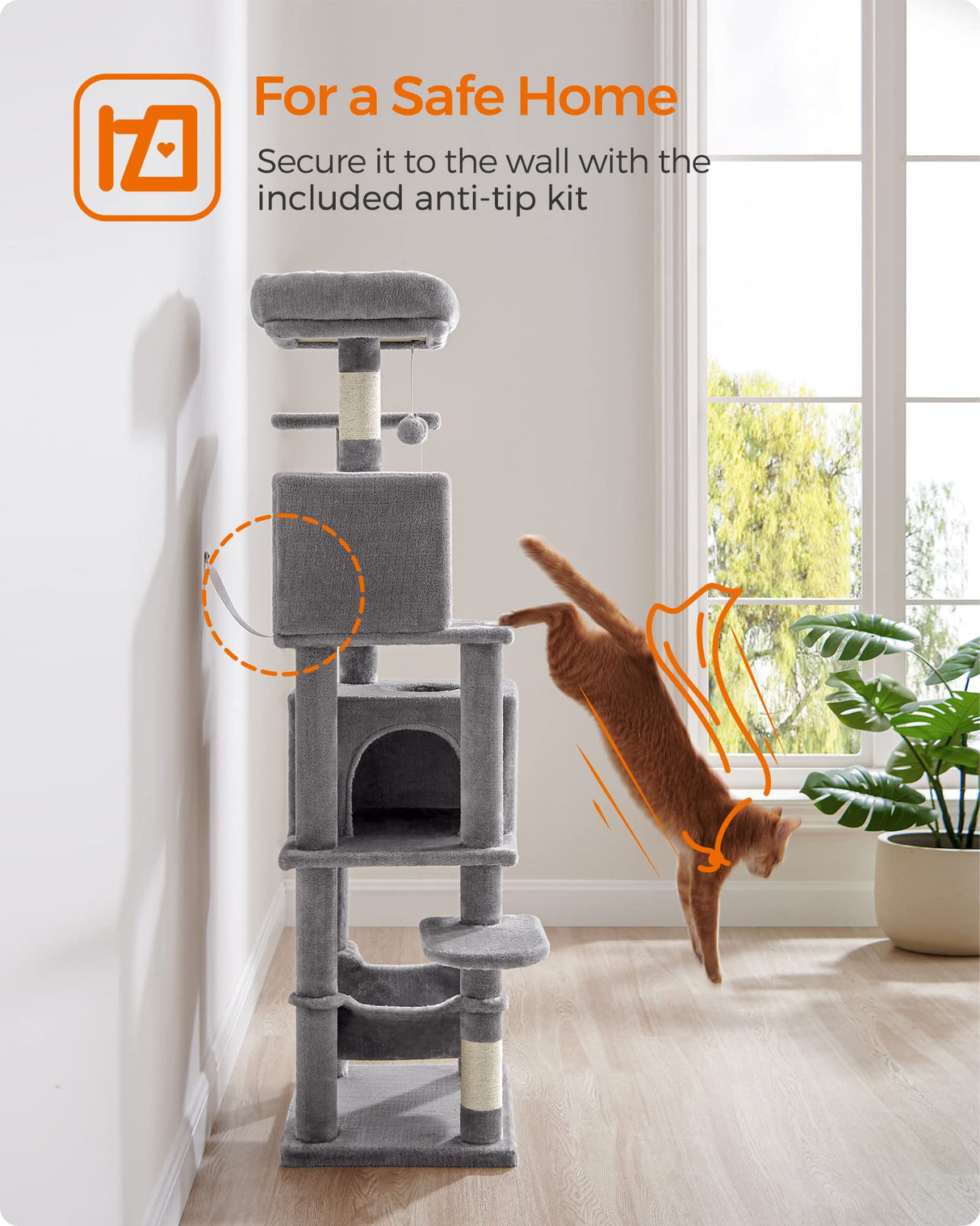 Feandrea Cat Tree, 61-Inch Cat Tower for Indoor Cats, Plush Multi-Level Cat Condo with 5 Scratching Posts, 2 Perches, 2 Caves, Hammock, 2 Pompoms, Light Gray UPCT192W01 Feandrea