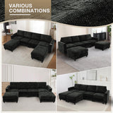 Lesofair 110" Chenille Sectional Sofa with Movable Ottomans, Modular U-Shape Couch with Cup Holders, Convertible 4 Seater Sofa with Well-Filled Backrest Cushions for Living Room, House, Black Lesofair