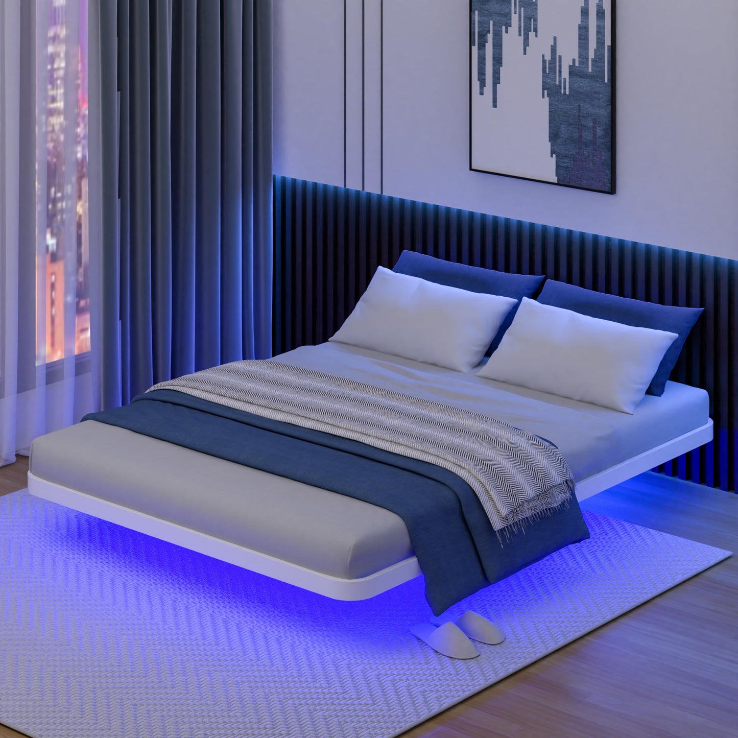 Meitewei Modern White Queen Floating Bed Frame with LED Lights and Heavy Duty Steel Slats - WoodArtSupply