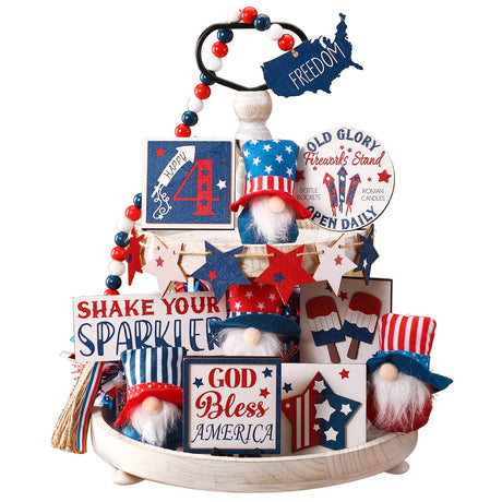 Amyhill 17 Pcs 4th of July Tiered Tray Decor Gnome Plush Patriotic Decorations Wooden America Memorial Day Sign Red White Blue Firework Star Table Decor Farmhouse Independence Day Decor for Home Shelf Amyhill
