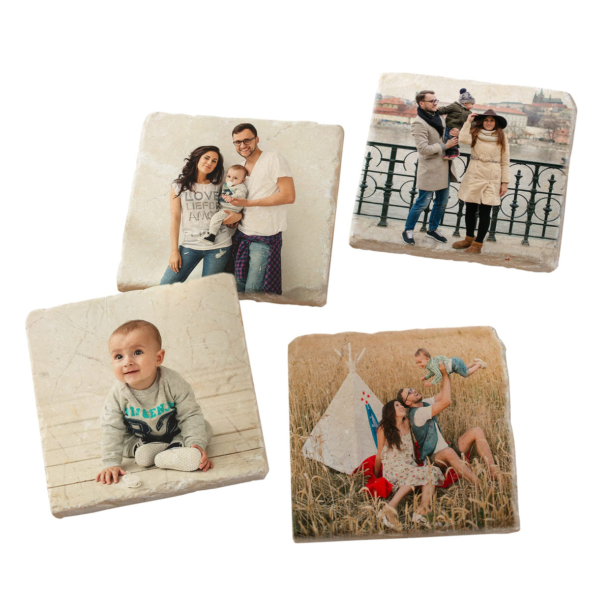 Personalization Universe Photo Personalized Tumbled Stone Coaster Set, Marble Wood Coasters for Drinks, Set with Full Cork Backing, Set of 4, 4" x 4" Size, Wedding, Housewarming Ideas Personalization Universe
