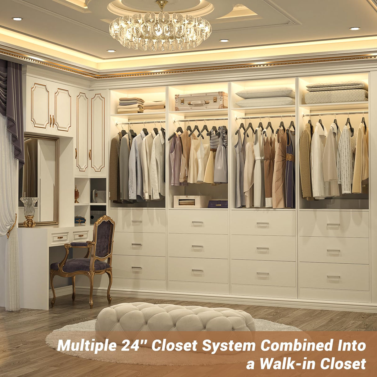 Besiost Freestanding 2FT Closet System with 3 Wood Drawers, 24" Closet Organizer System with Hanging Rod & Shelves, Walk-in Closet Systems for Small Closets, White (24"L x 15" W x 80" H) Besiost