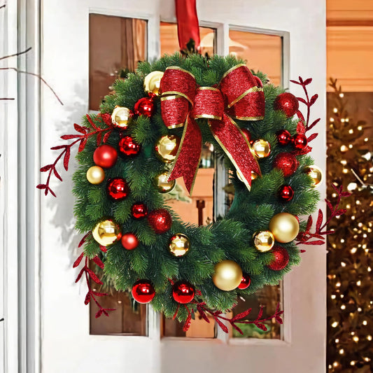 Christmas Decor - Christmas Wreaths with Bowknot, 16 Inch Christmas Wreaths for Front Door, Christmas Door Wreath with Glittering Red Gold Christmas Balls Branches for Xmas Home Outdoor Decor