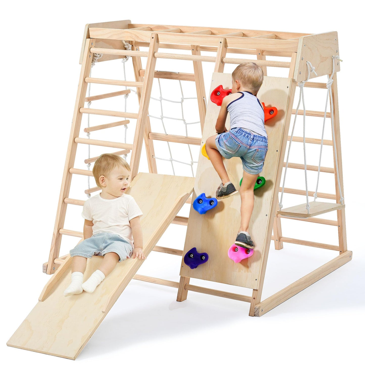 OLLIKIVI Climbing Toy for Toddler, Indoor Jungle Gym with Slide, Climbing Rock/Net, Monkey Bars, Swing, Rope Wall Climber Montessori Climber Playset Wooden Indoor Playground for Kids 2-12 years Inside