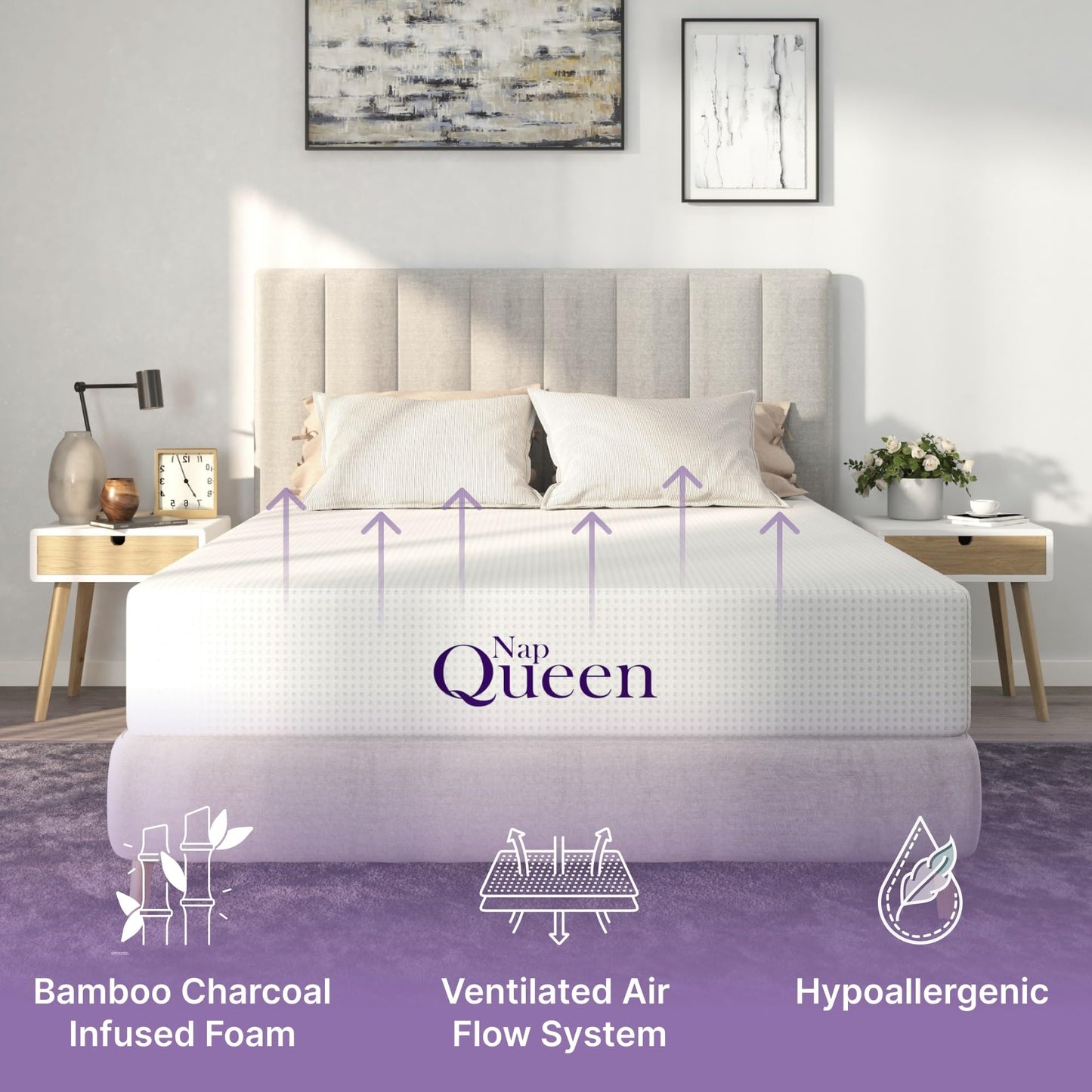 NapQueen 12 Inch Queen Size Mattress, Bamboo Charcoal Memory Foam Mattress, Bed in a Box,White