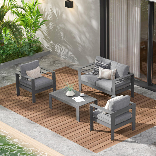 Wisteria Lane Outdoor Patio Furniture Set, 4 Pieces Aluminum Sectional Sofa, Metal Patio Conversation Set with Loveseat, 5 Inch Grey Cushion and Coffee Table (Dark Grey & Grey) - WoodArtSupply