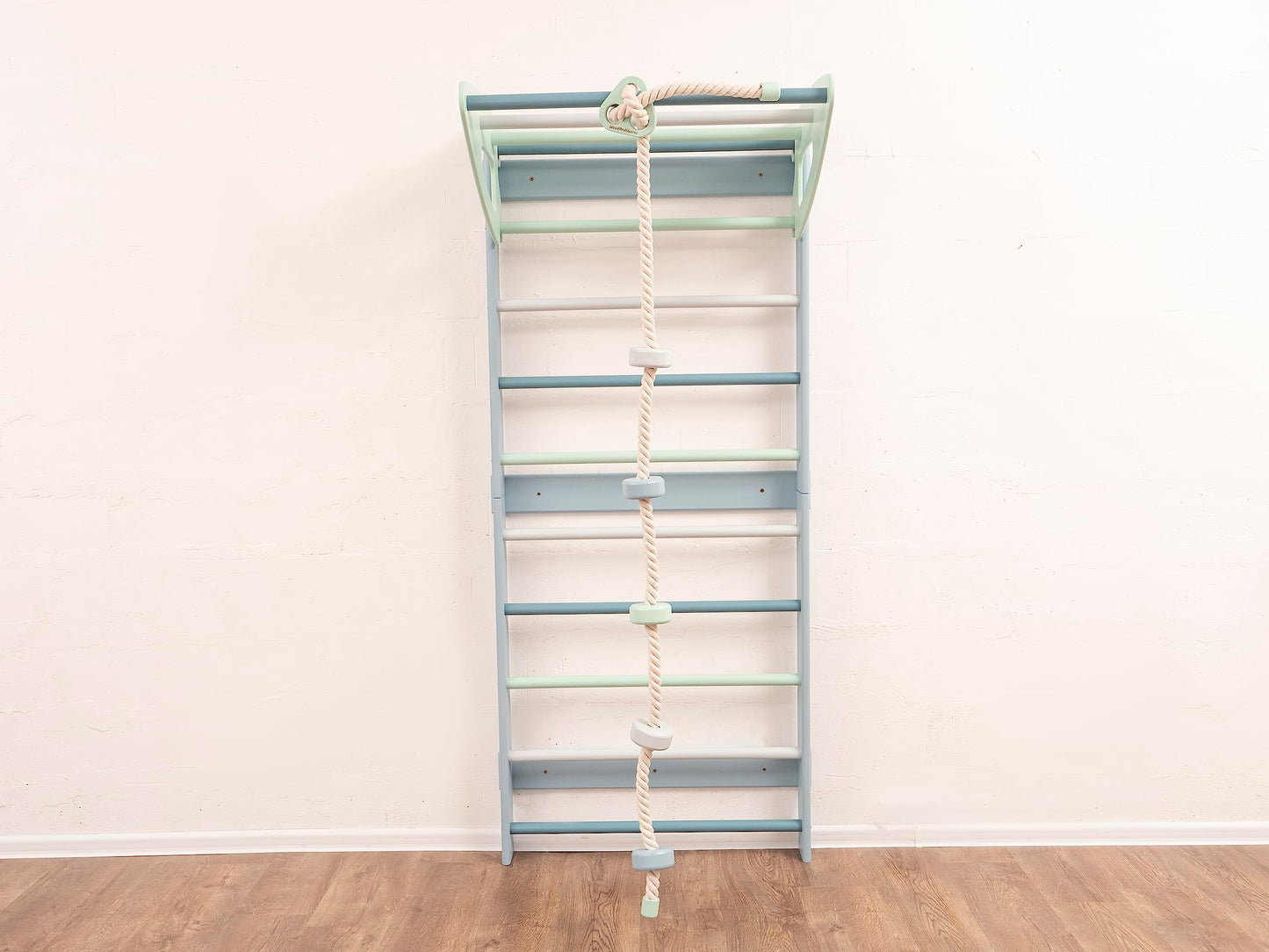 Woodandhearts Swedish Ladder Wall Kids, Swedish Ladder Gym, Indoor Monkey Bars with Climbing Rope with Wooden Spheres in Turquoise and Mint Color