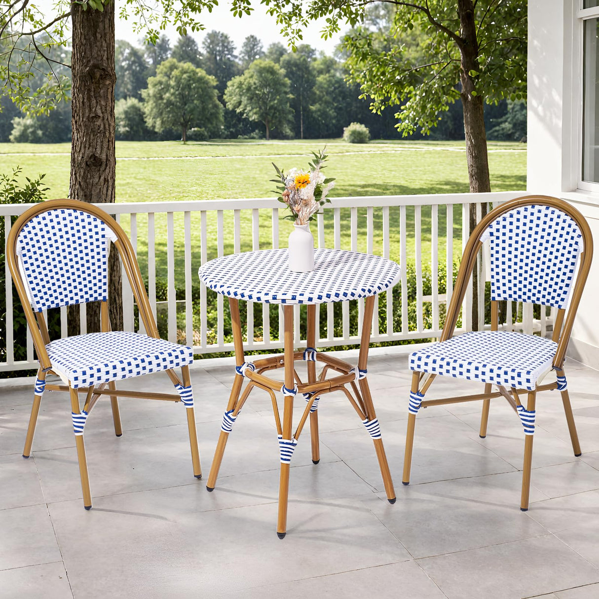 3 Piece French Wicker Bistro Set, Patio Bistro Set with Table and 2 Dining Chairs, All Weather ‎Outdoor ‎Bistro Set with Aluminum Frame, Outdoor Patio Set for Patio Porch Cafes Yard, Navy and White Dovov