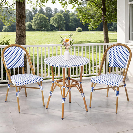 3 Piece French Wicker Bistro Set, Patio Bistro Set with Table and 2 Dining Chairs, All Weather ‎Outdoor ‎Bistro Set with Aluminum Frame, Outdoor Patio Set for Patio Porch Cafes Yard, Navy and White Dovov