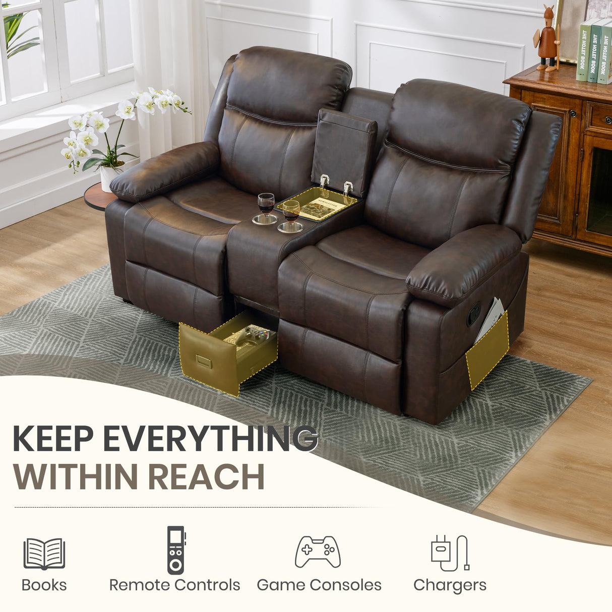 CALIVIA Manual Reclining Loveseat with Massage and Heat, Double Recliner Sofa with Center Console, Cup Holders & Storage for Living Room, RV (Brown) CALIVIA