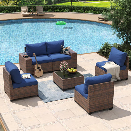 Aoxun 6 Piece Patio Furniture Set with Wide Armrests Wicker Rattan Outdoor Sectional Sofa Set with Coffee Table and Thickened Cushions, Brown/Blue(Waterproof Cover Included) Aoxun