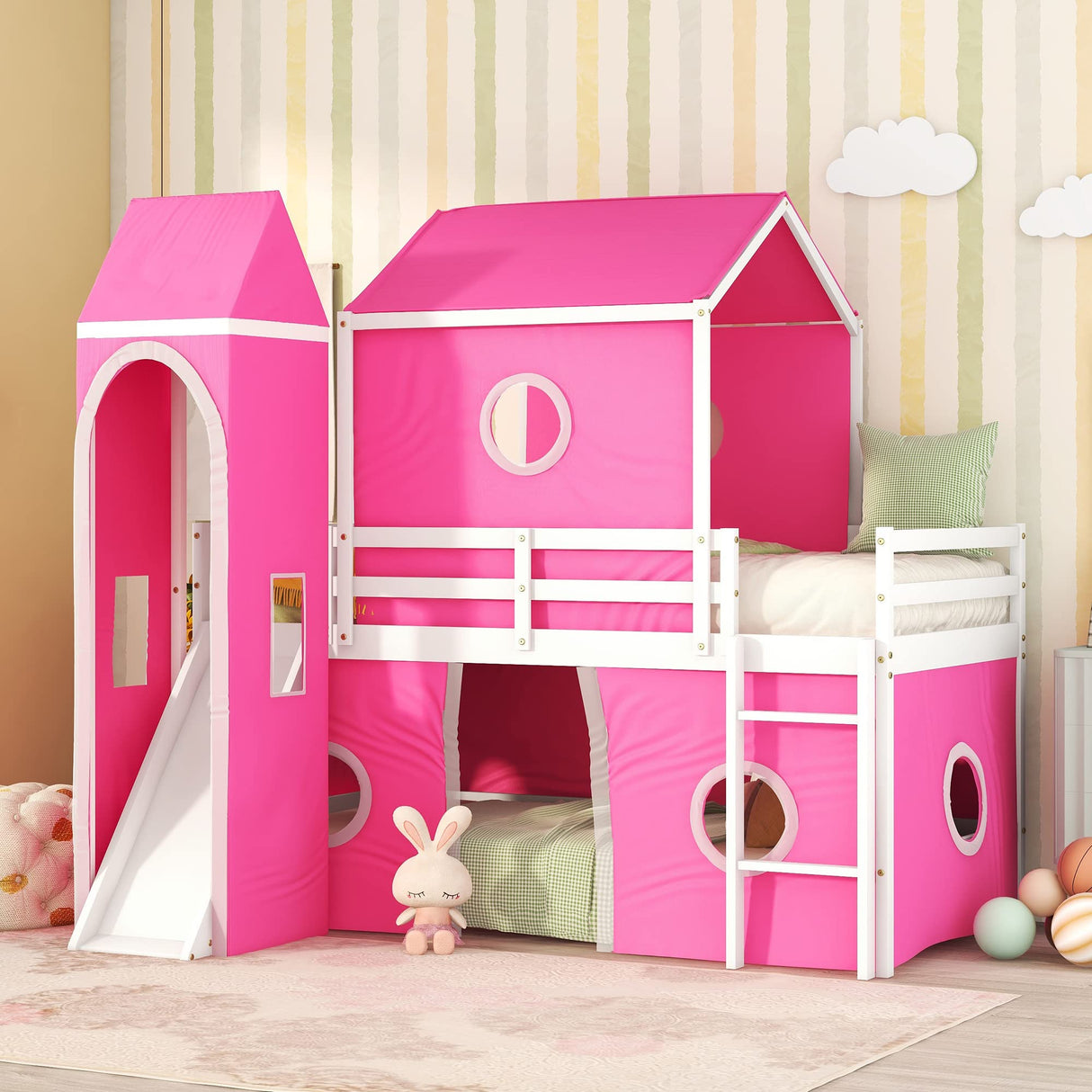 Harper & Bright Designs Kids Loft Bed with Slide and Tent, Twin Size House Loft Bed with Tower and Ladder, Wood Loft Bed Twin Playhouse Bed Frame for Boys Girls Teens, Pink Harper & Bright Designs