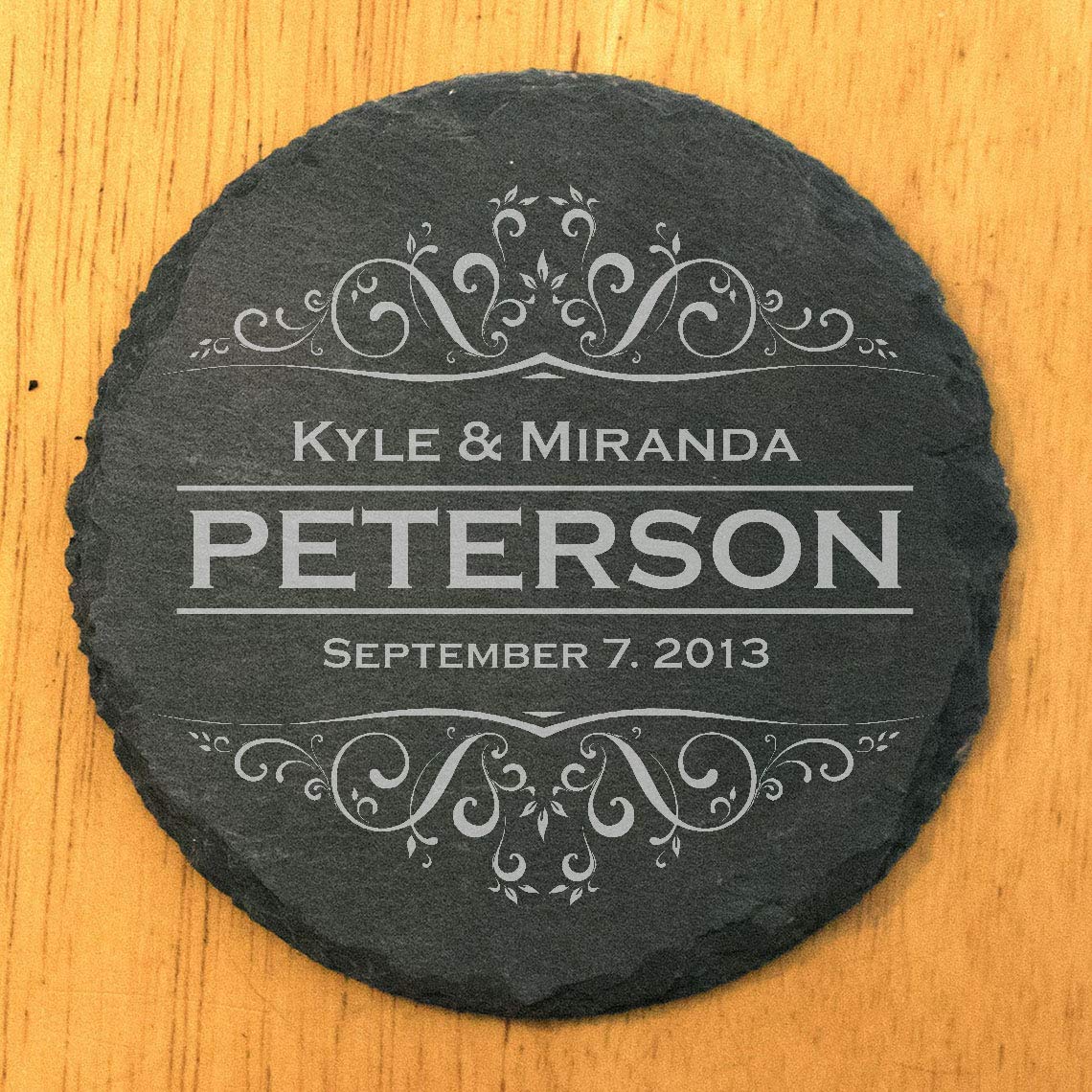 Personalized Monogram Coasters, Natural Slate Stone Coaster Set, Birthday, Wedding Or Anniversary Gift, Customized Rustic Coasters, Drink Coasters - Round Slate - set of 4 McIntosh Woodworking & Laser Engraving