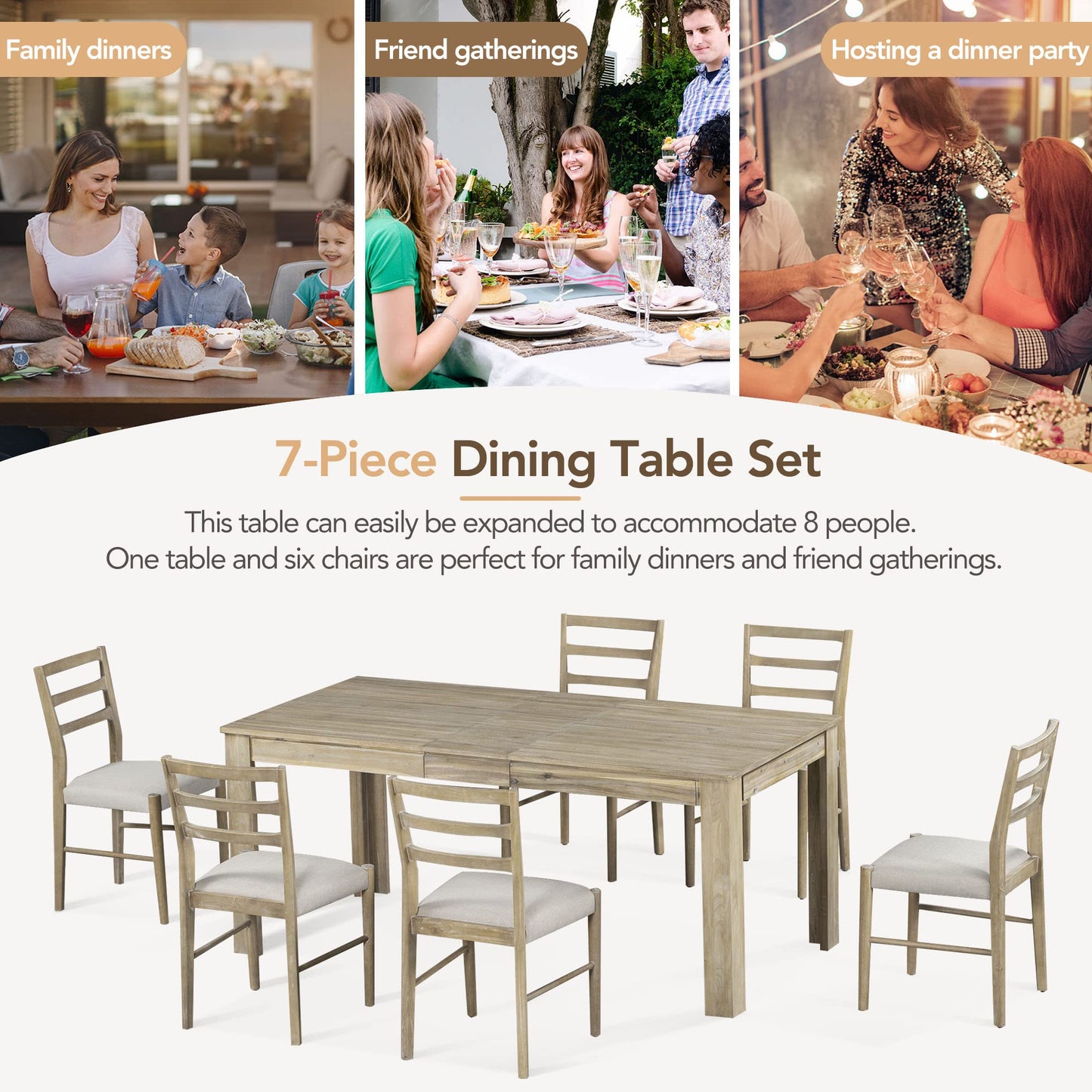 Merax 7-Piece Wooden Dining Table Set, Multifunctional Extendable Tabletop with 12” Leaf and 2 Drawers, 6 Chairs with Soft Cushion, Natural Wood Wash