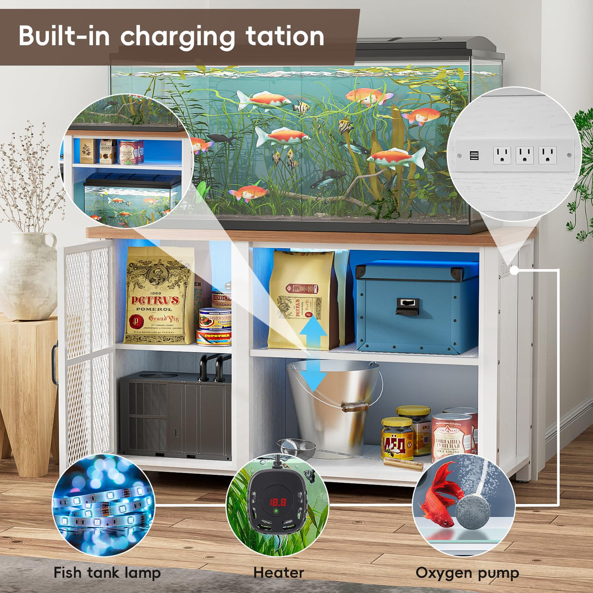 HAIOOU 55-75 Gallon Aquarium Stand with LED Light & Power Outlets, Cross Design Fish Tank Stand Heavy Duty Metal Frame Aquarium Table with Cabinet Storage, Fit for Turtle Tank, 880LBS Loads - White HAIOOU