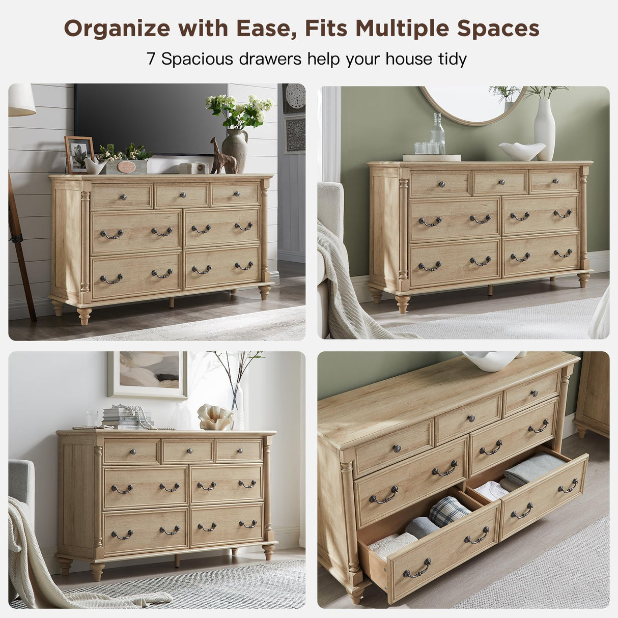 T4TREAM Farmhouse 7 Drawers Dresser Chests for Bedroom with 4 Solid Wood Feet, Tall Wide Wood Country Rustic Chest of Drawers, Storage Dressers for Bedroom, Living Room,Natural Oak T4TREAM