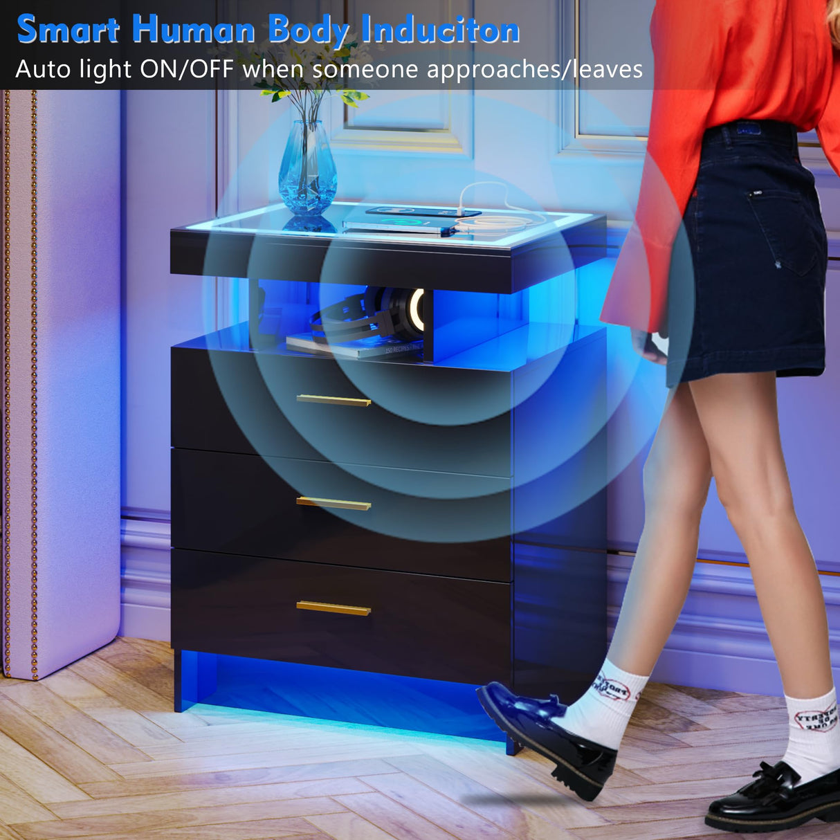 Lvifur 2 Set Nightstands with Wireless Charging Station, Auto Sensor 3 Color Dimmable LED Night Stand, Modern Bedside Table with 3 Drawers & 3 Open Compartments (2 x Black) Lvifur