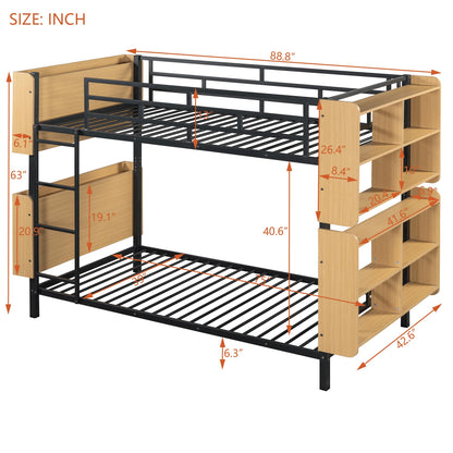 YOPTO Twin Over Twin Size Metal Bunk Bed with Ladder and Full-Length Guardrail,Modern Bunkbeds W/Storage Headboard and Foot Shelving,No Box Spring Needed,2 Assembly Options,for Teens,Bedroom,Black