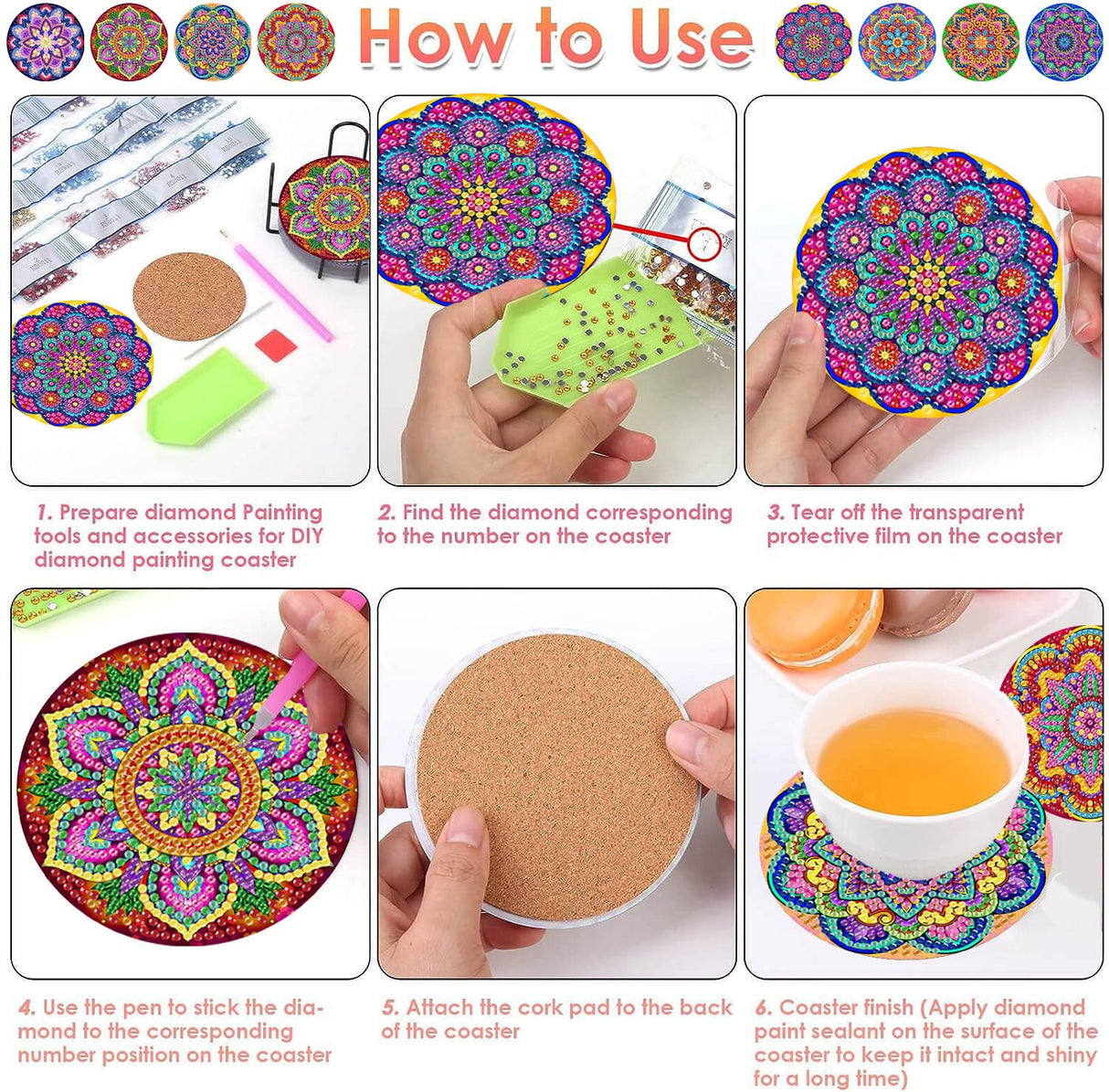 ijbnhd Mandala Diamond Painting Coasters Kit with Holder, DIY Diamond Art Coasters Cork Wooden Pad Board Double Layer is Strong and Wear-Resistant for Beginners Adults Art Craft Supplies Gift 4X4IN ijbnhd