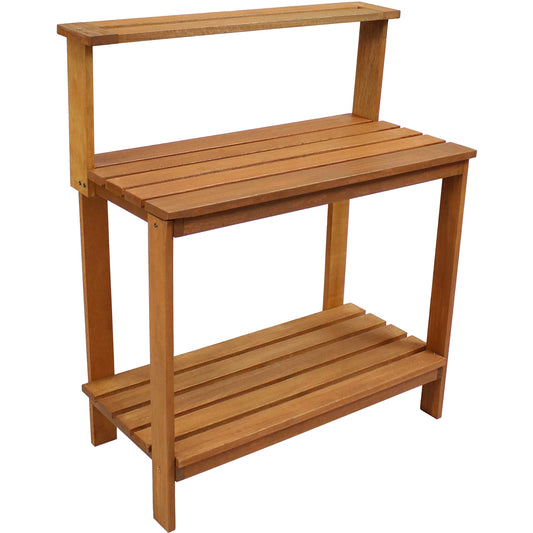 Sunnydaze 42-Inch Meranti Wood Outdoor Potting Bench with Storage Shelf - Teak Oil Finish