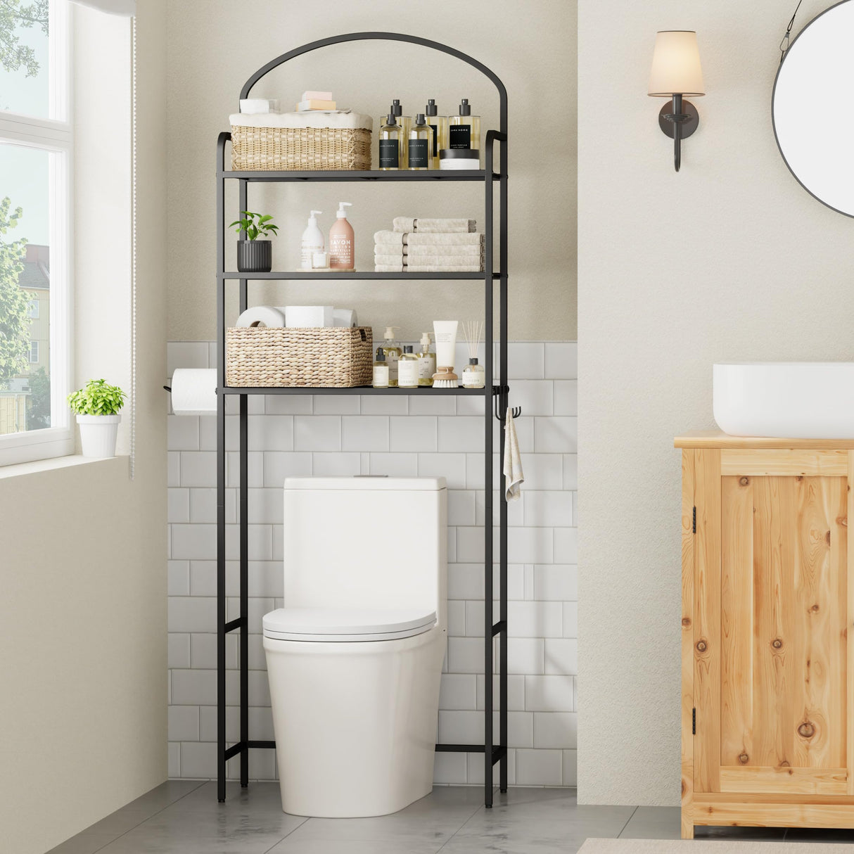 Cerlyunzan 3-Tier Over The Toilet Storage, Bathroom Organizer, Space-Saving, Above Toilet Storage Rack with 4 Hooks and Paper Holder, Metal Shelf, Black Cerlyunzan