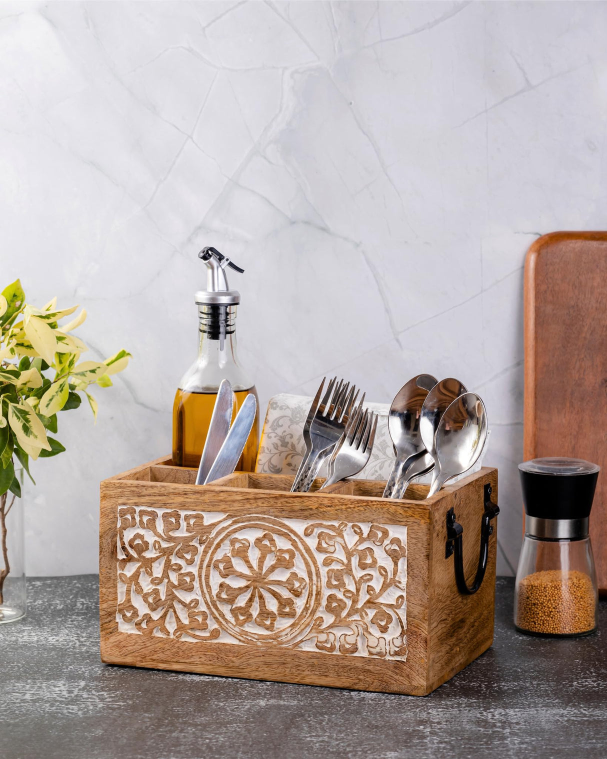 Mie Creations 4 Compartment Wooden Silverware Caddy Utensil Holder, Farmhouse Cutlery Flatware Organizer, Decorative Wood Caddy with Metal Handles for Kitchen Countertop, Picnic, Buffet Party- White Mie Creations