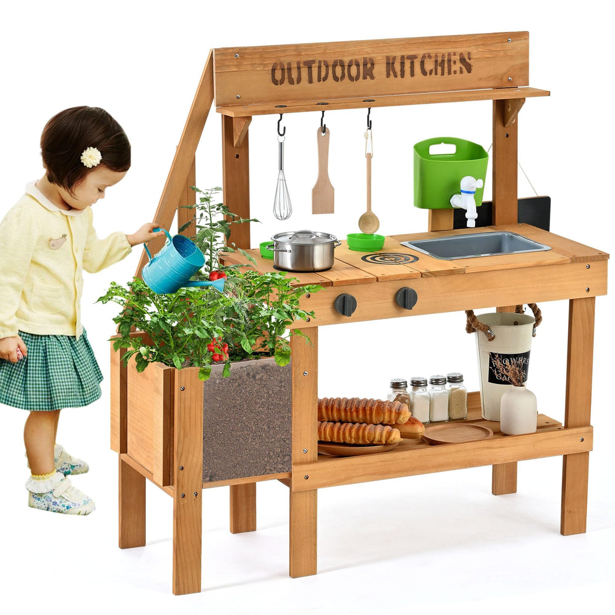 Aoparts Mud Kitchen for Kids Outdoor, Wood Outdoor Kitchen with Planter Box, Toddler Play Kitchen with Sink, Faucet, Blackboard, Water Cup and Kitchen Accessories for Kids Aoparts