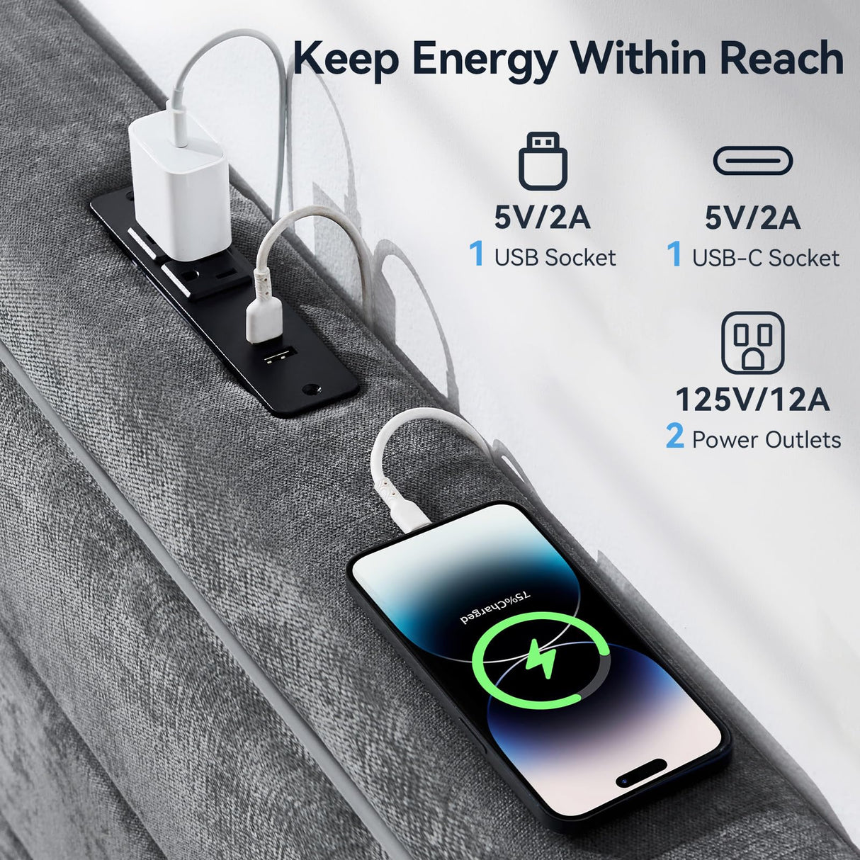 Queen Size Bed Frame with LED Lights and Charging Station, Chenille Upholstered Platform Queen Bed Frame with Headboard, No Box Spring Needed Bedframe, Noise Free, Easy Assembly, Gray Susalt