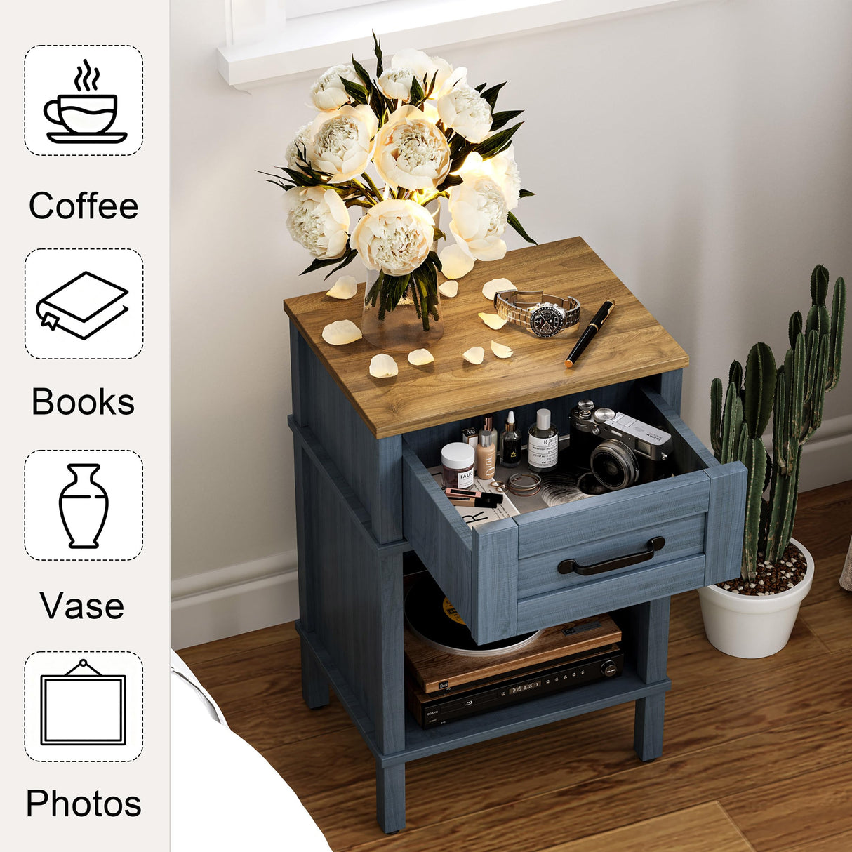Farmhouse Nightstand with Drawer, Wood Bedside Table with Open Shelf, Modern Bedside Cabinet for Bedroom, Small End Table, Side Tables with Storage Shelf for Bedroom Blue LET512LR YAUKTAK