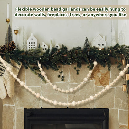 Janinka Natural Cream Wood Bead Christmas Garland 48" Wooden Beads Garland Boho Christmas Tree Hanging Decorations Rustic Farmhouse Home Decor for Wall Table Christmas Gift