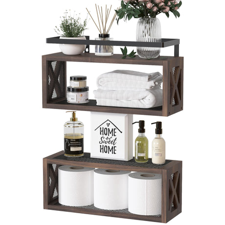 RICHER HOUSE Floating Wood Shelves with Guardrail, Rustic Brown, Wall Mounted, 2 Shelves, Farmhouse Style RICHER HOUSE
