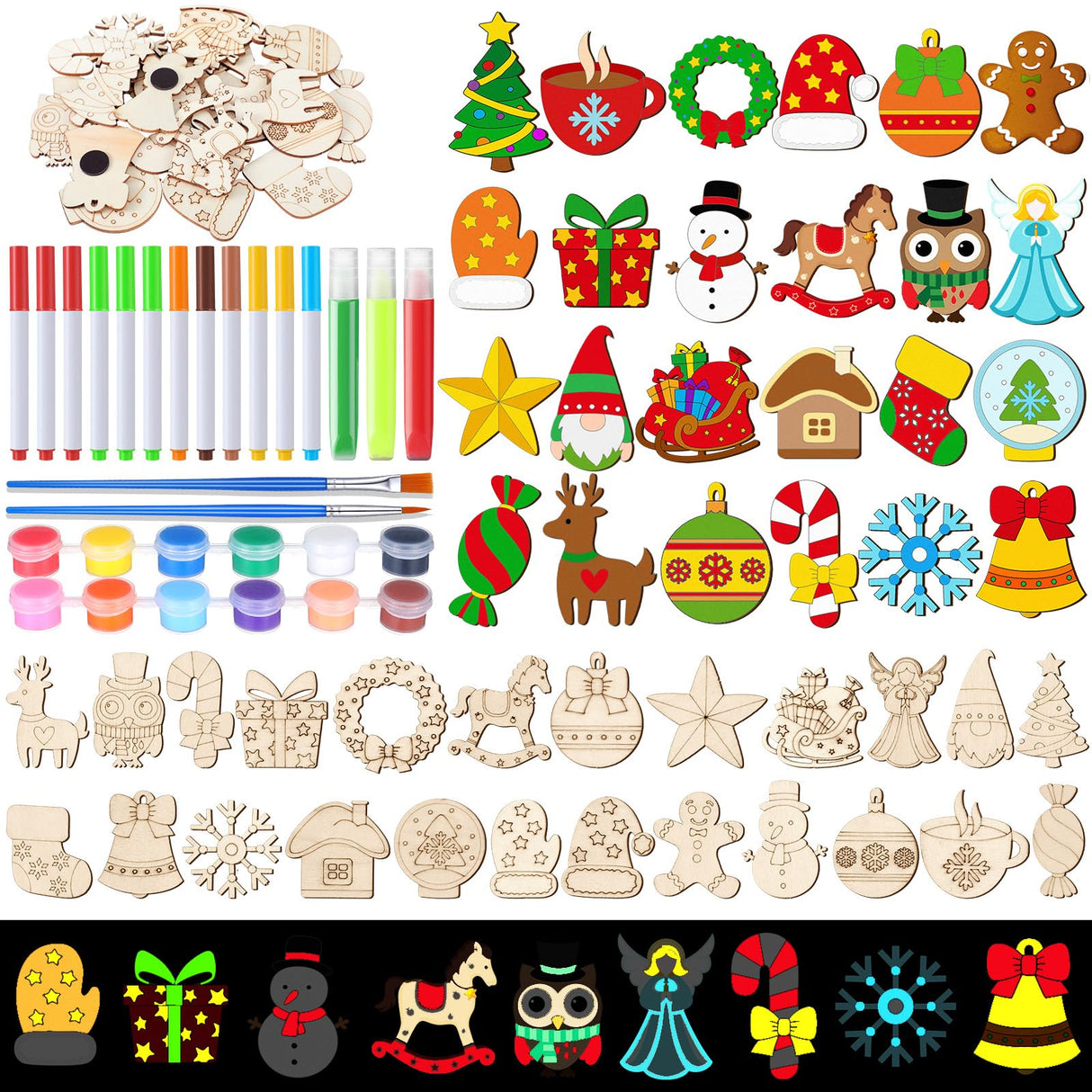 Mootycapa 24 Pcs Christmas DIY Wooden Magnets to Paint, Xmas Holiday Glow in The Dark Wood Painting Crafts, Santa Claus Fridge Magnets Craft Kits for Boys Girls Adults Family Home Party Activities Mootycapa