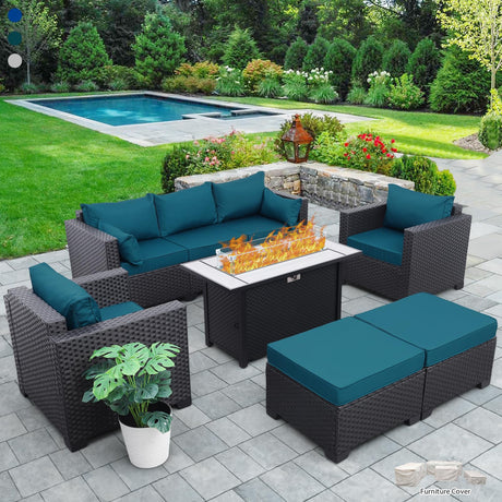Outdoor Patio Furniture 60000 BTU Outdoor Propane Fire Pit Table Patio Furniture Set 45 In Outdoor Fire Pits 6 Pieces Patio Sofa Outdoor Chairs Anti-slip Cushions Waterproof Covers, Peacock Blue Rattaner