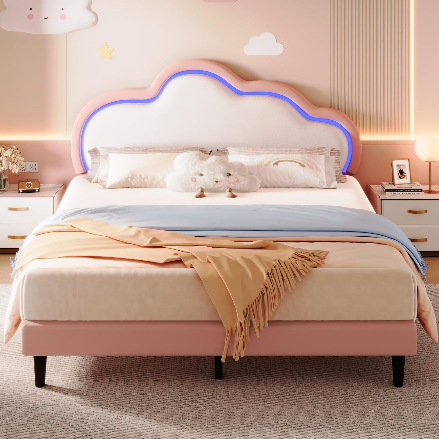 YITAHOME Queen Upholstered Bed Frame, Smart LED Bed Frame with Adjustable Cloud Headboard, Platform Bed Frame Queen Size with Wooden Slats Support, No Box Spring Needed, Easy Assembly, Pink