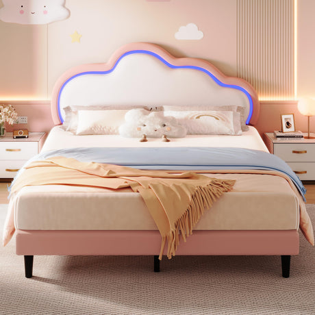 YITAHOME Queen Upholstered Bed Frame, Smart LED Bed Frame with Adjustable Cloud Headboard, Platform Bed Frame Queen Size with Wooden Slats Support, No Box Spring Needed, Easy Assembly, Pink YITAHOME