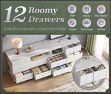 Huuger 63 Inch Dresser TV Stand with LED Lights, Power Outlets and USB-C Port, 12 Fabric Drawer Dresser for Bedroom, Wide Entertainment Center for 65, 70 Inch TV, Media Console, Open Shelf, White Huuger