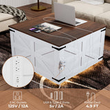 Lift Top Coffee Table with Storage Farmhouse Square Rustic Center Table for Living Room, LED Lights, Charging Station, Hinged Soft Close, Large Hidden Storage, Modern, Metal Corner, White Wood VVFLU