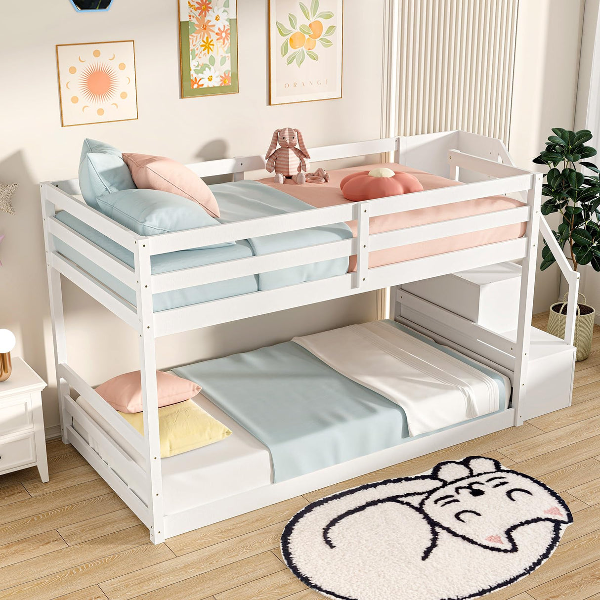 Giantex Twin Over Twin Bunk Bed with Stairs, Solid Wood Floor Bunk Bed with Storage Staircase & Full-Length Guardrails, Low Bunk Bed with for Kids, Teens, Adults, Dorm, Small Space, White Giantex
