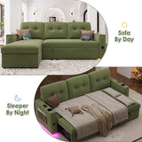 HIFIT Sleeper Sofa Bed- 87" L Shaped Pull Out Couches for Living Room with Storage Chaise, Storage Armrest, LED Light&USB Port&Cupholder, Modern Velvet Sectional Home Sofa Living Room Furniture, Green HIFIT