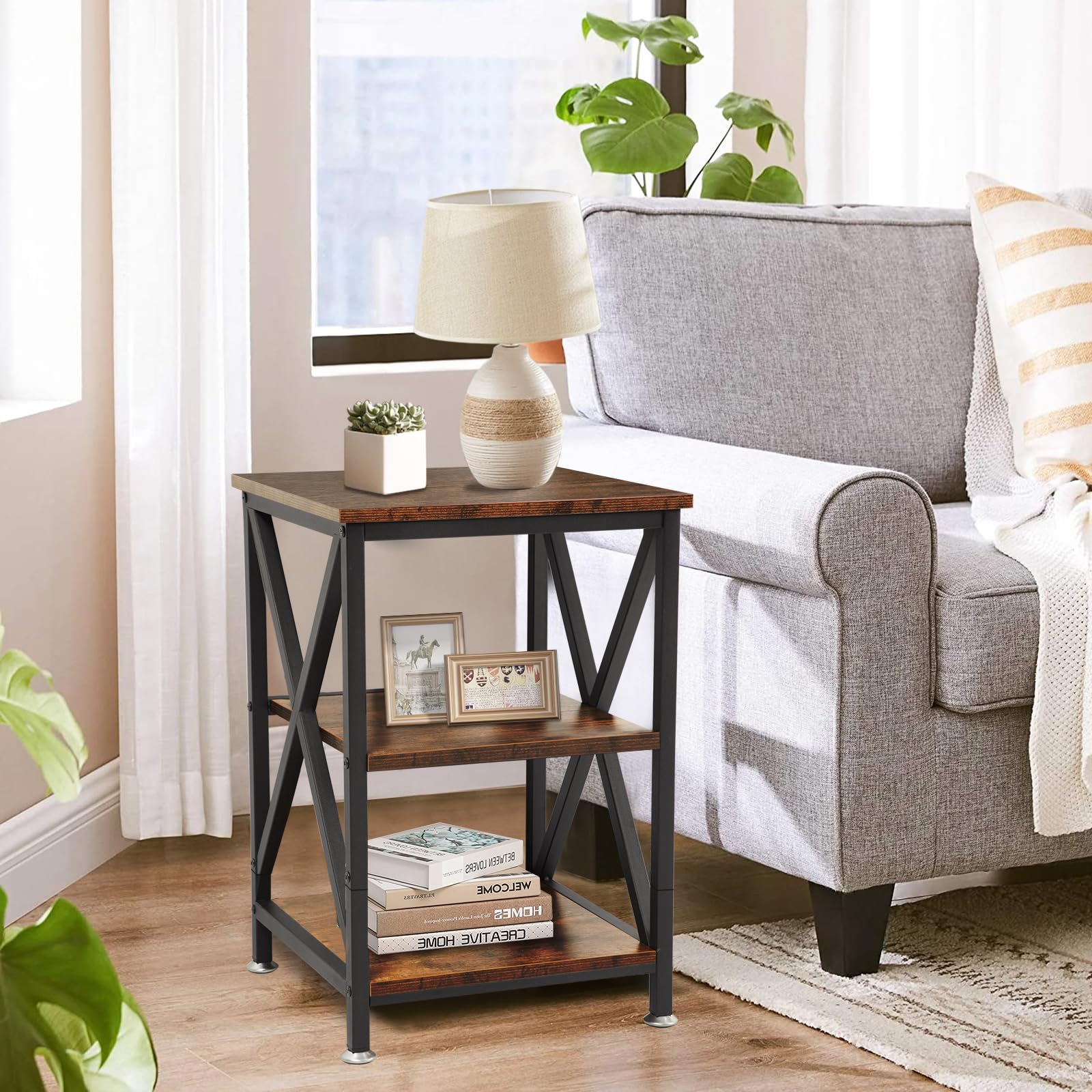 End Tables Living Room Set of 2 Farmhouse, Side Table with Storage Shelf, 16" W x 12" D x 24" H, 3 Tier Side Table Set of 2, X-Shaped Night Stands Set of 2 for Bedrooms, Coffee Table Set of 2 - WoodArtSupply